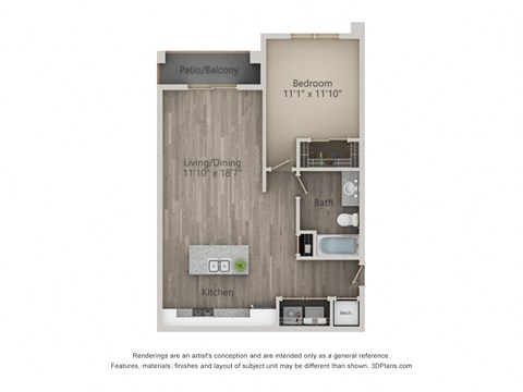 A 3D floor plan of a small apartment with a living room, kitchen, bathroom, and bedroom.